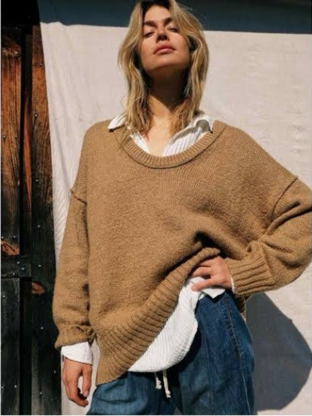 Free People Oversized Camel Crew Neck Sweater